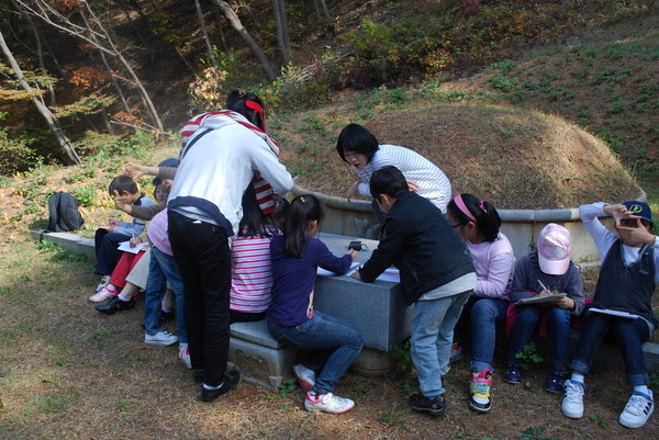 2011년 10월 <초록교육연대> 아이들과 함께 파주에 있는 장곡리에서 <숲 체험활동>을 하고 있는 모습. 손카메라를 이용하여 숲의 상층, 중층, 하층 등의 구조를 살피고 있다.(출처 : 김광철)
