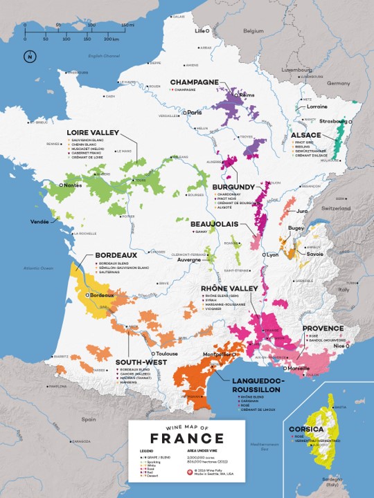 프랑스의 와이너리 지도. 케이빌리지가 프랑스에 자리잡는다면 와이너리가 입지의 중요한 요소가 된다. (사진@Wine Folly)