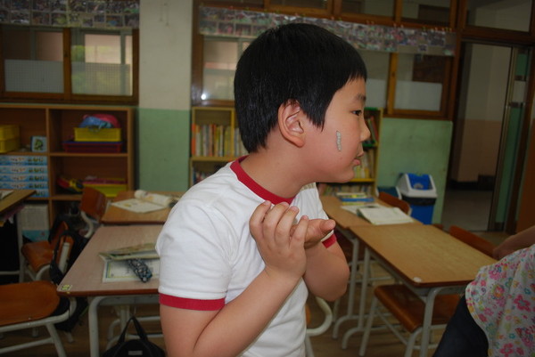 처음에 누에를 얼굴에 올려놓아보라고 하니 주저주저하던 아이들이 시간이 지나면서 자연스럽게 누에와 어울렸다.(제공 : 김광철)