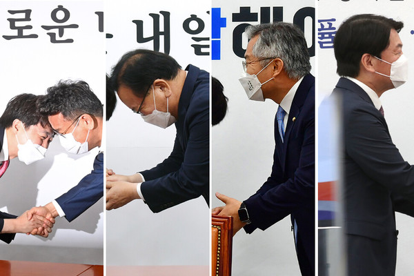 이준석 국민의힘 신임 대표(맨 왼쪽 사진 왼쪽)가 16일 이철희 청와대 정무수석, 김부겸 국무총리, 최강욱 열린민주당 대표, 안철수 국민의당 대표와 만나 인사하고 있다. 강창광 선임기자, 공동취재사진 chang@hani.co.kr(사진 출처 : https://www.hani.co.kr/arti/politics/assembly/999666.html#csidxf43a1acd857646192d655af0e6c2d43 )