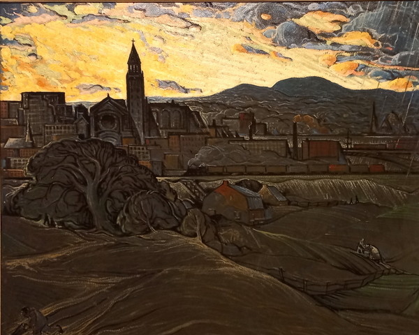 Storm Brewing over Hochelaga(약 1940/ il and enamel paint on heavy cardboard mounted on Masonite) 