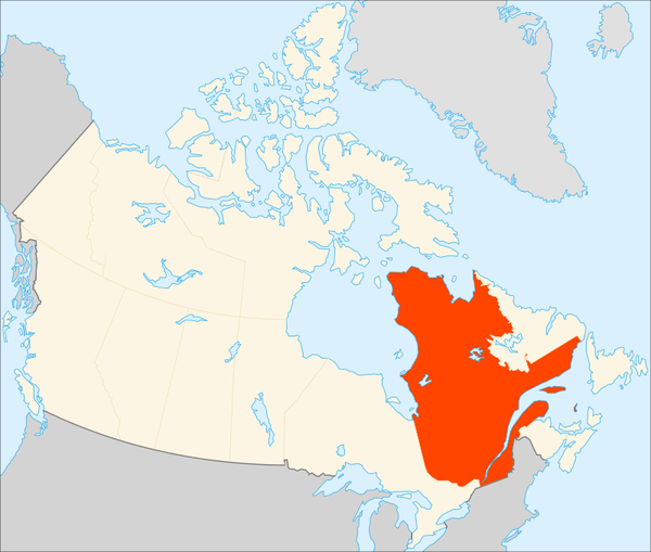 빨간 곳이 퀘벡 주(사진출처 : 위키미디어 https://ko.wikipedia.org/wiki/%ED%80%98%EB%B2%A1%EC%A3%BC#/media/%ED%8C%8C%EC%9D%BC:Qu%C3%A9bec,_Canada.svg)