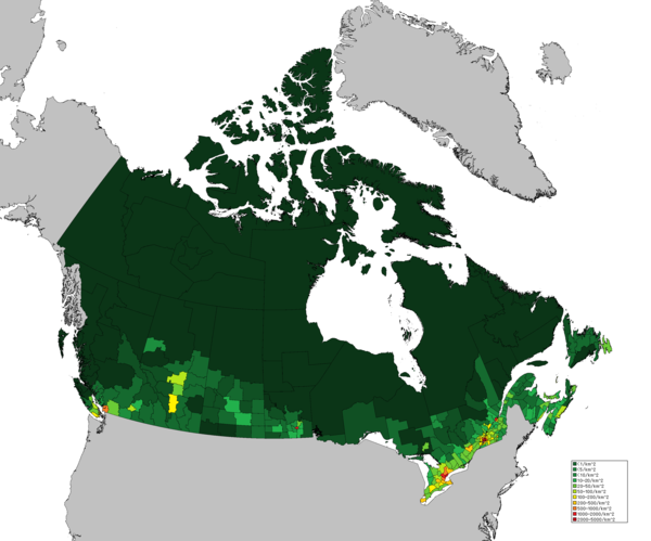 붉은 표시가 캐나다에서 가장 인구밀도가 높은 지역이다. (출처 : https://upload.wikimedia.org/wikipedia/commons/e/ee/Population_Density_Map_of_Canada_%282016%29.png)