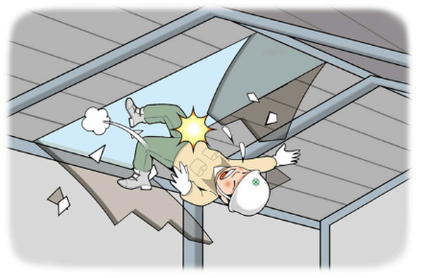 재해사례: 창고 지붕 방수공사 중 밟고 있던 채광창(스카이라이트)가 부서지면서 떨어짐, <현장작업자를 위한 지붕공사 작업안전>(개정판), 한국산업안전보건공단, 2021.