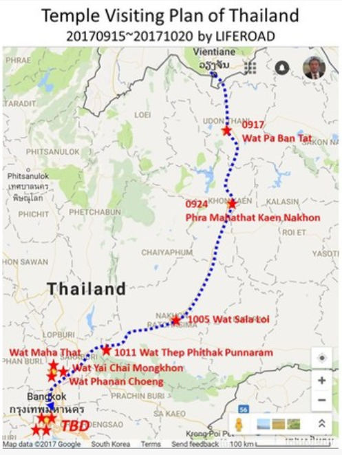 최종적으로 이 루트를 따라 방콕까지 걷기로 했다. 비엔티안 방콕까지는 636km. 빨간 별표는 주요사찰이다.@생명탈핵실크로드 순례단