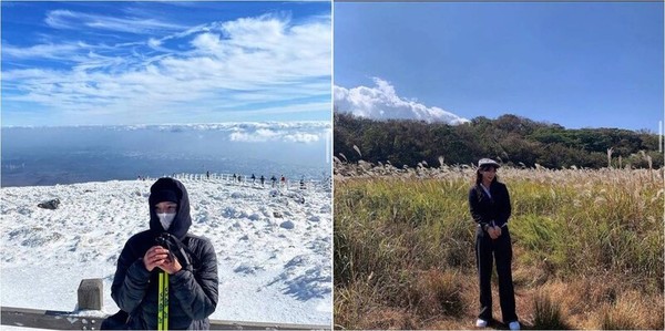 제주도 한라산(왼쪽)과 새별오름(오른쪽)에 오른 김도은씨. 유가족 제공