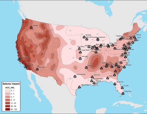 미국의 핵발전소 분포와 지진위험도 @인터넷에서