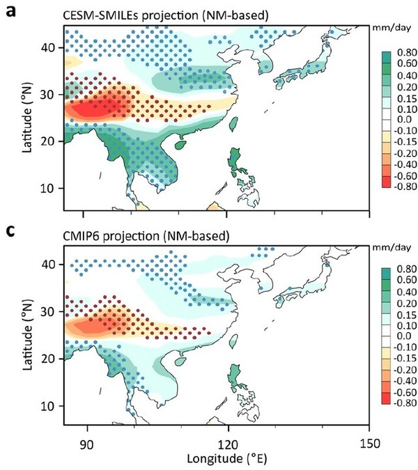 아시아 여름 몬순(6, 7, 8월)의 평균 강수량 변화를 예측한 기후 모델로 둘 다 비슷한 패턴을 보인다. 이에 따르면 우리나라의 올여름 장마는 예외가 아니라 앞으로 일상이 될 가능성이 크다. 녹색이 짙을수록 강수량이 늘어나고 빨간색이 짙을수록 줄어든다. <네이처 커뮤니케이션스> 제공(사진 출처 : https://www.hani.co.kr/arti/opinion/column/1100733.html)