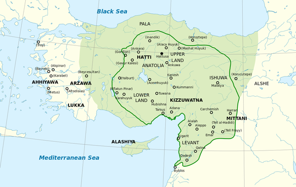 녹색 영역이 히타이트 제국의 통치를 받던 최대 영역 / 녹색 라인 지역은 기원전 1350~1300경 히타이트 통치 영역 (출처 : https://upload.wikimedia.org/wikipedia/commons/e/e9/Map_Hittite_rule_en.svg.) 