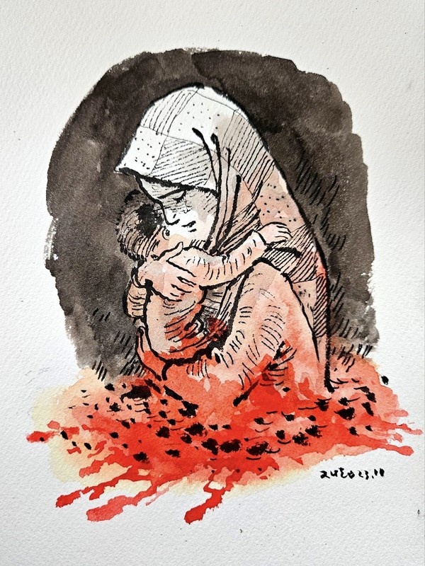 2023년 11월 작품 팔레스타인 어머니의 눈물(한겨레:온 2023년 11월 9일 게재)