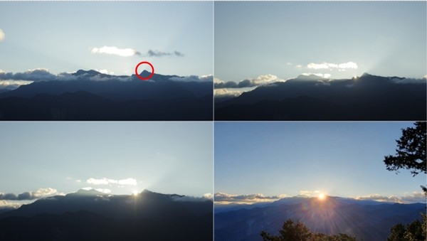 좌 상 붉은 원이 대만 최고봉 옥산 주봉으로 약 해발 3,950 m 임. 우 하는 폰으로 찍은 사진.