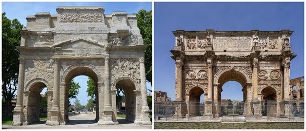 로마 개선문 : 왼쪽  아우구스투스 황제 통치 시절 (27 BC–14 AD) 개선문, 오른쪽  서기 312~315년 콘스탄티누스 개선문 (사진  출처 : https://en.wikipedia.org/wiki/Triumphal_arch)