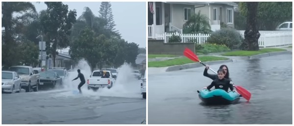 2월 4일 폭우가 쏟아진 벤츄라 도로에서 여유만만하게 서핑을 하고 카약을 타는 시민 (사진 출처 https://www.youtube.com/watch?v=HDzeLsSdOps 영상에서 갈무리)