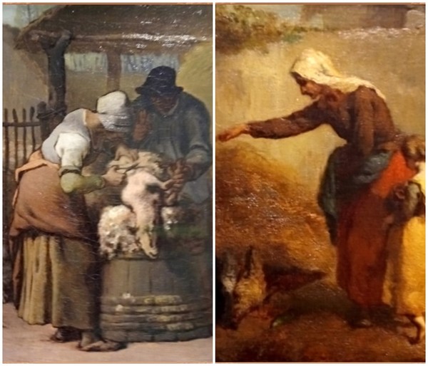 ▲ 밀레의 양털 깎는 사람(1857-61), 닭 모이 주는 여인(1846-1848)/ 2019년 시카고 미술관에서 찍은 사진으로 얼굴이 선명치 않게 그린 농부들이다. 