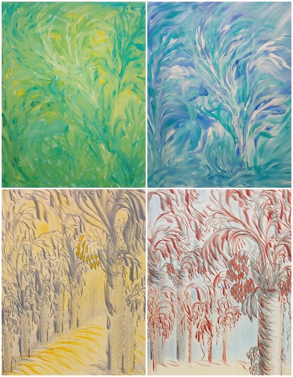  ▲ 시계 방향으로 <숲 1> 캔버스에 아크릴 2024년 작, <숲 2> 캔버스에 아크릴, 2024년 작, 종려나무(Palm Tree) 종이에 오일 아크릴 2022년 작, 종려나무(Palm Tree) 종이에 오일 아크릴, 2022년 작