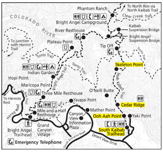 ▲ 노란 배경이 '사우스 케이밥 트레일' 포인트 지점( 출처 : Day Hike -South Kaibab Trail (nps.gov))