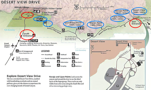 ▲ 파란 동그라미가 'Desert View Drive' 구간에 있는 전망대(출처 : https://www.nps.gov/grca/planyourvisit/desert-view-drive.htm)