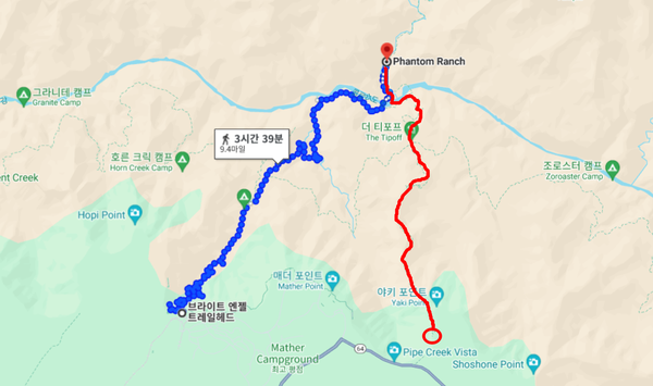 ▲ 파란 선이 '브라이트 엔젤 트레일(bright angel trail), 빨간 선이 '사우스 카이밥 트레일'