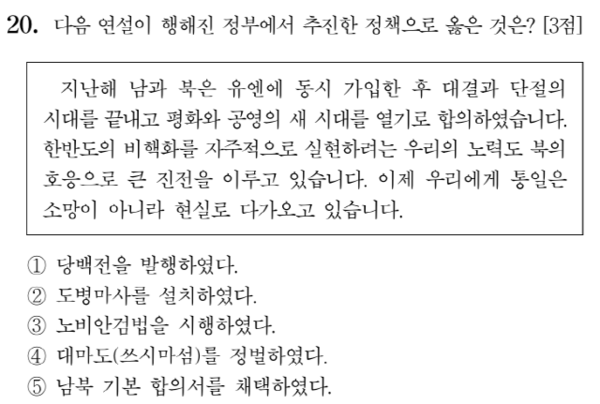 2021학년도 수능 <한국사> 기출문제 20번 문항(출처 : 교육과정평가원)