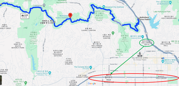 ▲  초록 동그라미가 호크니의 집이 있던 헐리우드 힐, 빨간 동그라미가 호크니의 작업실이 있던 산타모니카 대로(이미지 출처 : 구글 지도)