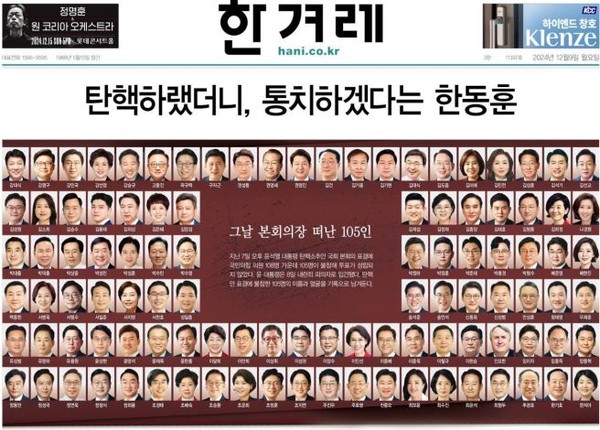 국민의 80%가 열망하는 윤석열 탄핵안 투표 불참으로 대의기구 역할을 포기한 국회의원들 / 2024.12.08 한겨레신문