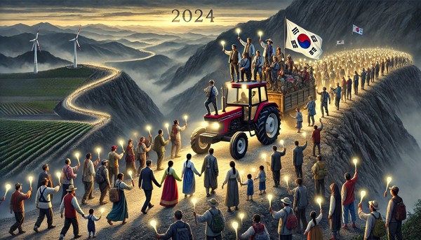 #chatgpt 남태령대첩 민족의상을 입은 2024년 시민과 동학농민군의 연대로 승리를! 