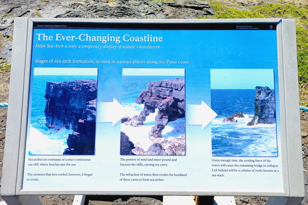 ▲ 푸나 해안을 따라 여러 곳에서 볼 수 있는 바다 아치 형성 단계. 절벽(왼쪽), 바다 아치(가운데), 붕괴 후 남아 있는 sea stack(수직 돌기둥)