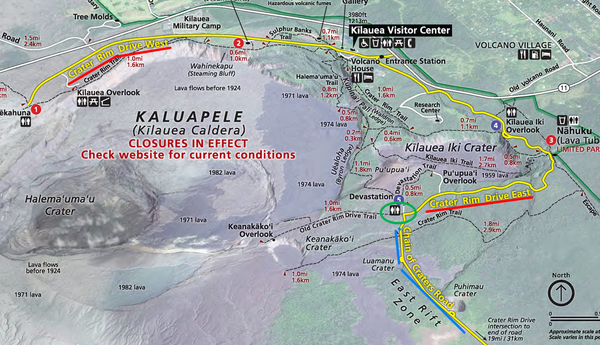 ▲ 초록 동그라미가 Devastation Trail 주차장, 노란 선이 주요 두 도로, 붉은 선이  '크레이터 림 드라이브 이스트와 웨스트', 파란 선이 체인 오브 크레이터스 로드'(이미지 출처 : https://www.nps.gov/havo/planyourvisit/maps.htm)