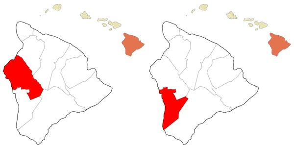▲ 왼쪽이 코나 북부 지구, 오른쪽이 코나 남부 지구(사진 출처 : https://en.wikipedia.org/wiki/Kona_District,_Hawaii)