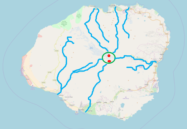 ▲ 초록 동그라미 안 빨간 점이 카와이키니산과 와이알레알레산. 파란 선이 카우아이를 흐르는 주요 강(사진 출처 : https://en.wikipedia.org/wiki/Hanap%C4%93p%C4%93_River#/media/File:Location_Map_Kauai.png)