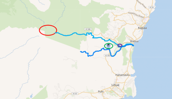▲ 빨간 동그라미가 카우이 섬의 정상인  카와이키니산과 와이알레알레산. 초록 동그라미가 와일루아 폭포, 보라 동그라미가 오파에카 폭포, 하늘색 선이 '노스 포크 와일루아', 파란 선이 '사우스 포크 와일루아'