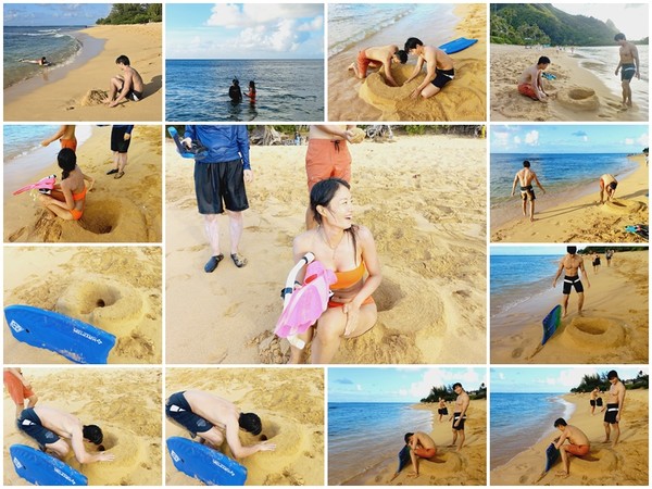 ▲ 모래 변기 놀이(상단 왼쪽에서 시계방향으로 시간 순)