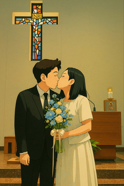 강보에 쌓인 아기 때부터 알고 지냈던 대자가 관면 혼배를 하였습니다. 신부와 키스를 나누는 모습이 아름다웠습니다. 실제 사진을 공개할 수는 없어서 폰으로 담은 사진을 인공지능을 통해 그림으로 변환했습니다. (출처: 장영식)