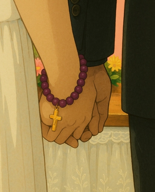 관면 혼배 중에 신랑과 신부는 잡은 손을 놓지 않고 있었습니다. 신부는 안해가 스페인 여행에서 구했던 작은 묵주를 차고 있었습니다. (출처 : 장영식)