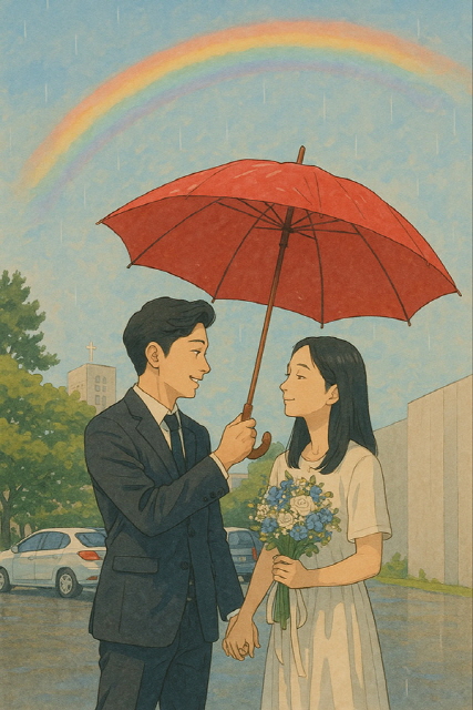 비에 젖은 성당 마당 위로 무지개가 피었습니다. 신랑과 신부의 용기 있는 출발을 축복하는 듯했습니다. (출처 : 장영식)
