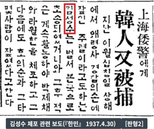 1937년 4월 30일 아나키스트 김지강(본명 김성수) 체포 관련 기사(출처 : 한국독립운동사연구소)