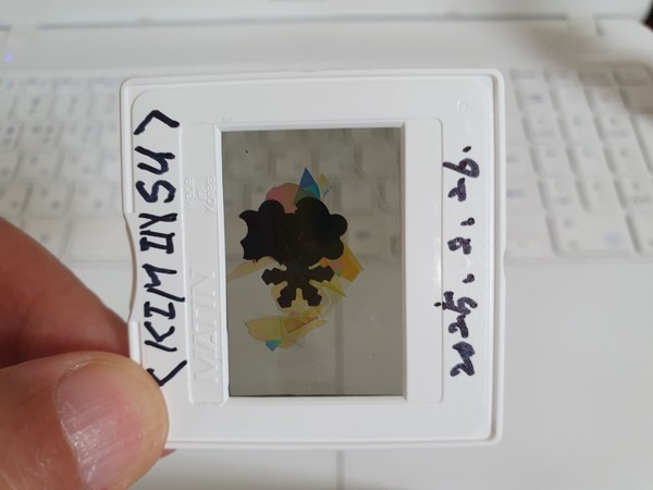 사진 김인수 / 2025년 오사카과학축제 빛튐 실험 1실험원리 “두 편광필름(손전화, 노트북 등) 사이에 복굴절 하는 물질(방해석, OPP 등)이 있을 때 광탄성(빛튐)이 나타난다.”를,슬라이드 마운트(33mm X 38mm)에 꼭 맞는 두 장의 편광필름 사이에 ‘OPP 시트와 편광필름 조각을 펀치로 잘라 겹쳐’ 빛튐 아트를 완성.