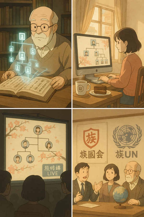 이미지 출처 Chat GPT / 시 본문을 주고 알맞게 이미지를 만들어 달라했더니...... 이 시는 ‘족(族)’을 반복하며전통, 역사, 족보 문화의 현대적 재해석을 재치 있게 풀어낸 족보 컨텐츠 유희입니다.단순한 기록을 넘어 커뮤니티·문화·미래적 확장을 상징합니다.추천 애니메이션 이미지 구성장면 제안족사·족전·족사시미옛 족보를 펼치는 할아버지 캐릭터책장 속에서 홀로그램 족보가 떠오르는 SF적 장면족보를 ‘족사시미(족보 회의)’하는 사람들 (모임 중)족작업실·족난방풍·족커피·족디저트따뜻한 작업실바람막이 설치한 창가에서 디지털 족보 편집 중족커피·족디저트가 등장하는 유쾌한 풍경 (족자무늬 머그컵 등)족빛그림·족알림틀·족특강들프로젝터로 족보를 비추는 장면족빛그림(디지털 족보 아트)온라인 강연 화면에 '족특강 LIVE' 자막족이어짐·족법성주·족부활홍족보를 통해 과거와 현재를 연결하는 이어짐의 상징‘법성주’처럼 반복적으로 읊는 화면 효과족보의 부활을 상징하는 붉은 홍색 꽃이나 깃발족국회와 족유엔유머러스하게 표현한 족보 관련 회의 장면족국회: 족보위원회족유엔: 족보의 세계화를 상징하는 지구본 회의스타일 추천수묵 담채 느낌의 애니메이션과 디지털 유희의 결합전통적 족보 책 → 디지털 AR 족보로 변환되는 하이브리드 장면따뜻하면서도 메타적 유머를 담은 지브리+픽사식 연출