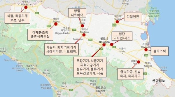 인터넷검색을 해보니 어느 분인가가 에밀리아로마냐지방의 산업군을 우리말로 정리해 놓은 게 보인다. 감사히 인용한다. 여기에 보면 파르마지방의 주된 산업군이 등장한다.