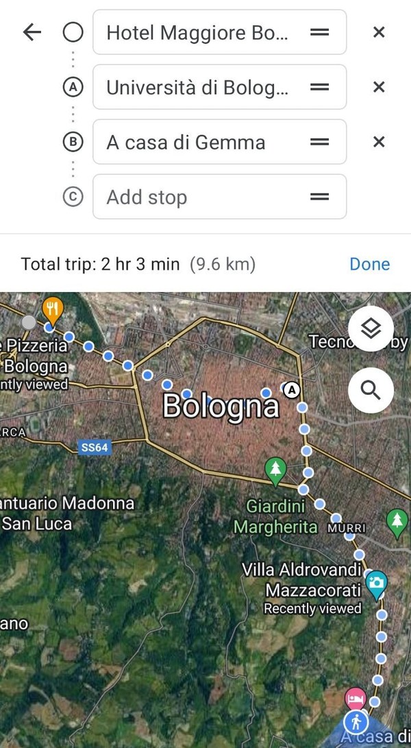 볼로냐 도심과 볼로냐대학을 경유하며 산보한 10km 코스. @구글지도
