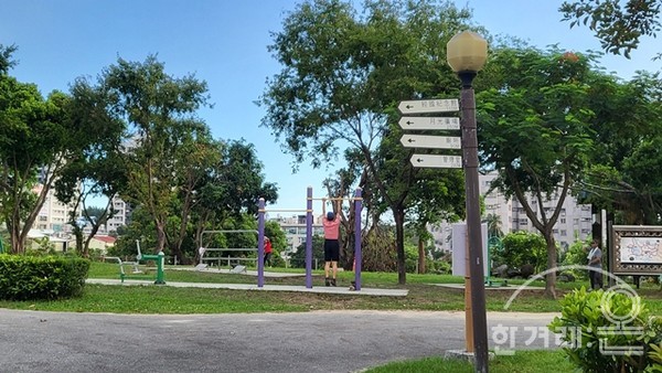 아침 약속이 없으면 매일 가는 공원. 철봉에 저렇게 매달리는 것만으로도 운동 효과가 크다고 함. 턱걸이 회수를 늘려가는 즐거움도 있다.