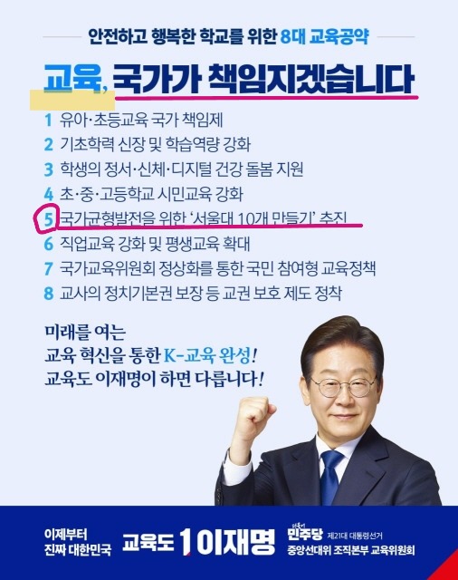 2025년 대선 당시 이재명 대선 후보의 교육공약 가운데 다섯 번째로 <서울대 10개 만들기> 정책이 담겨 있다.(출처 : 이재명 대선 후보 중앙선대위 교육위)
