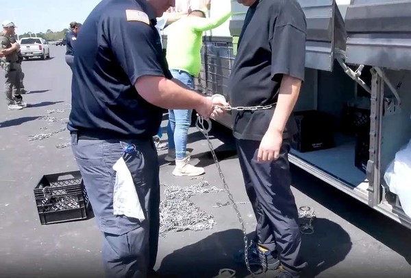 한겨레신문/ 권태호기자 2025-09-08 미국 이민세관단속국(ICE)과 국토안보수사국 등 연방 요원들이 지난 4일(현지시각) 미국 조지아주 엘러벨에 있는 현대차그룹-엘지(LG)에너지솔루션 합작 배터리 공장 건설 현장에서 불법체류 등의 혐의로 한국인 등을 체포한 뒤 허리(왼쪽 사진)와 발목(오른쪽 사진) 등에 쇠사슬을 채우고 있다. 미국 이민세관단속국 누리집 갈무리