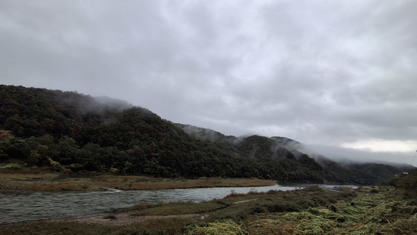 팔봉산(강원도 홍천군) 등산로 입구에서 바라본 홍천강의 아침, 2025. 10. 11. (박춘근)